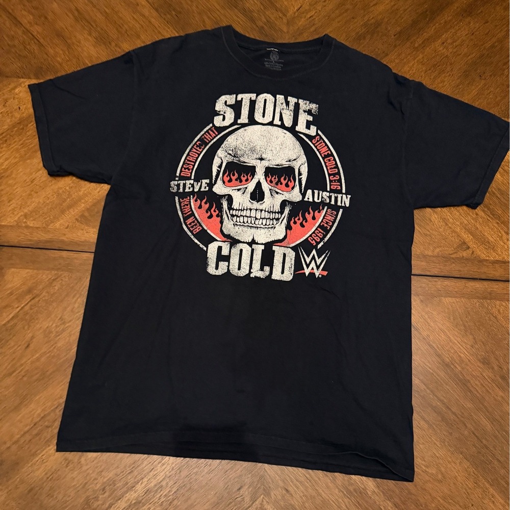 WWE Stone Cold Steve Austin Skull Graphic T-Shirt Black Mens Large Wrestling